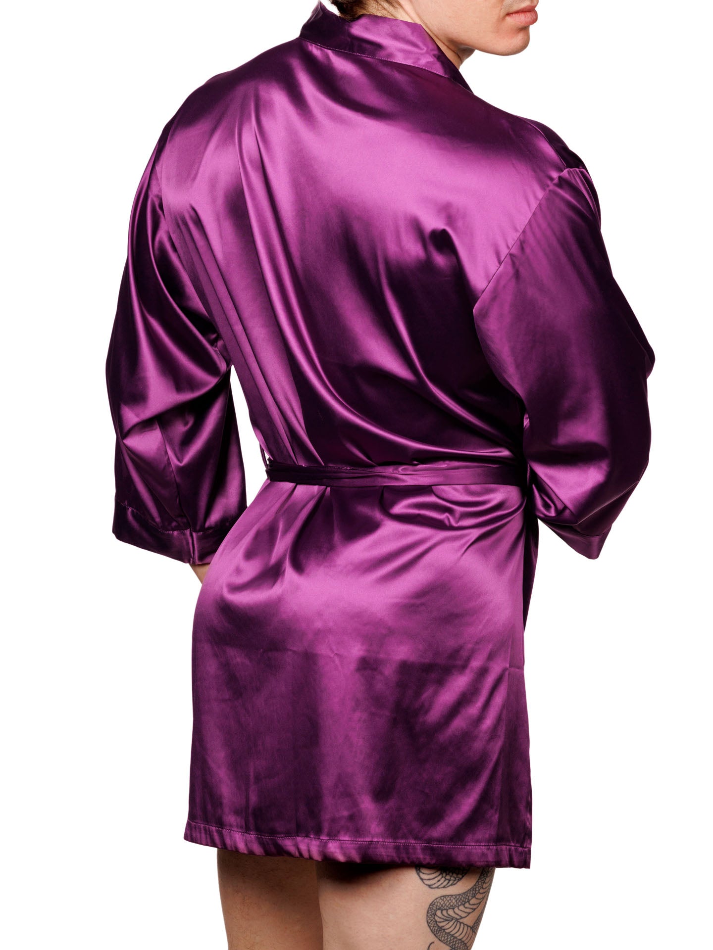 Back view of a male model wearing a purple XDress robe