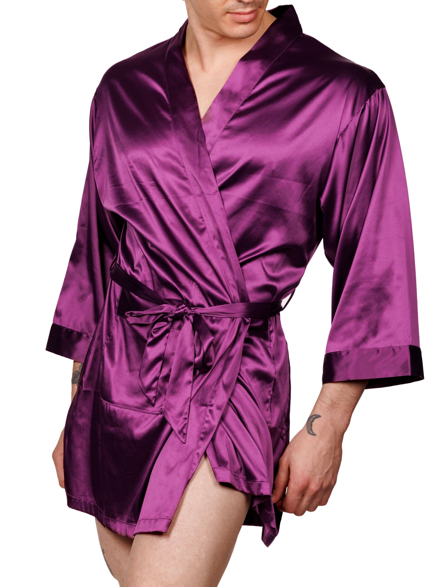 Front view of a male model wearing a purple XDress robe