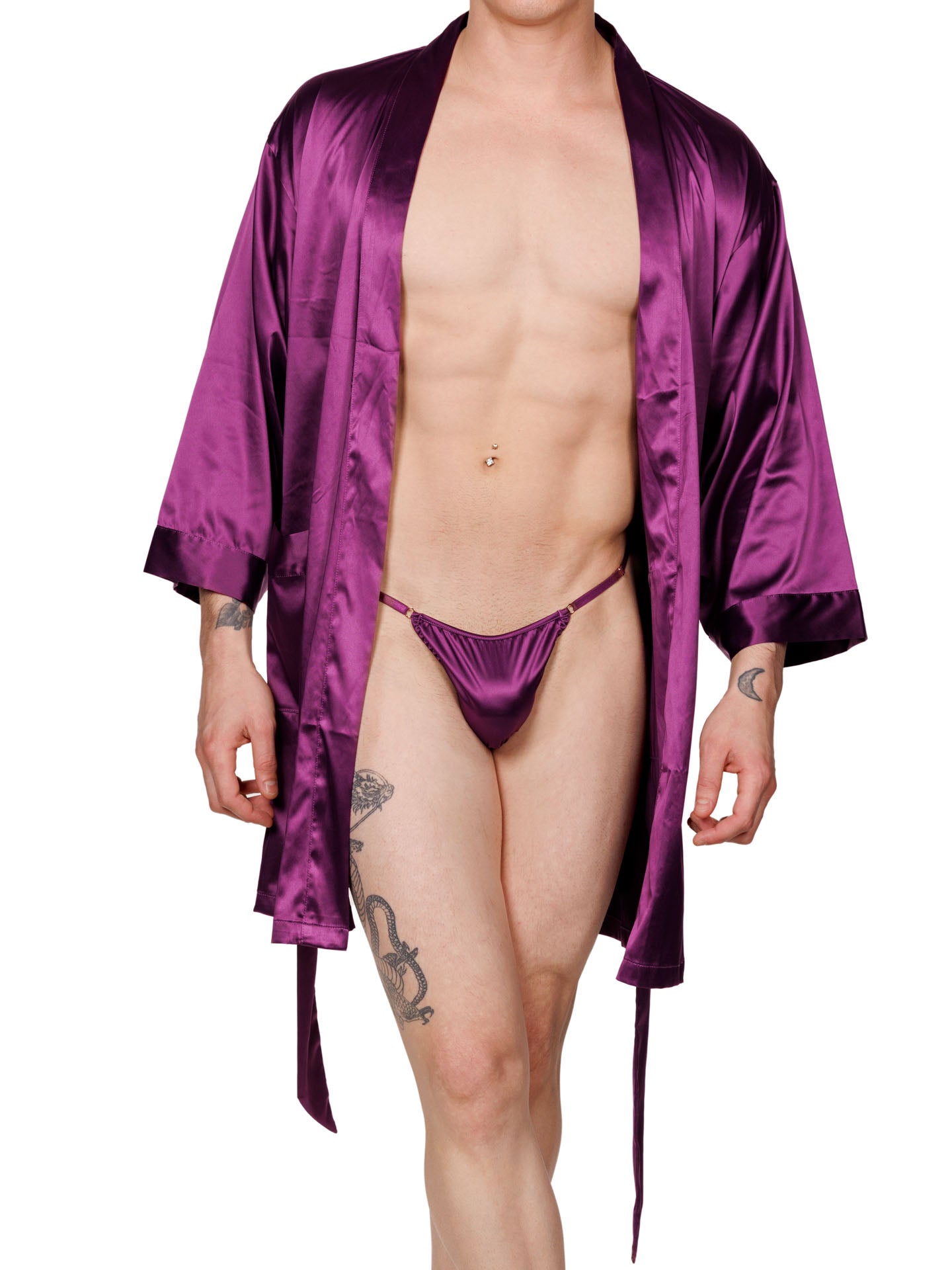 Front view of a male model wearing an open purple XDress robe with matching panty