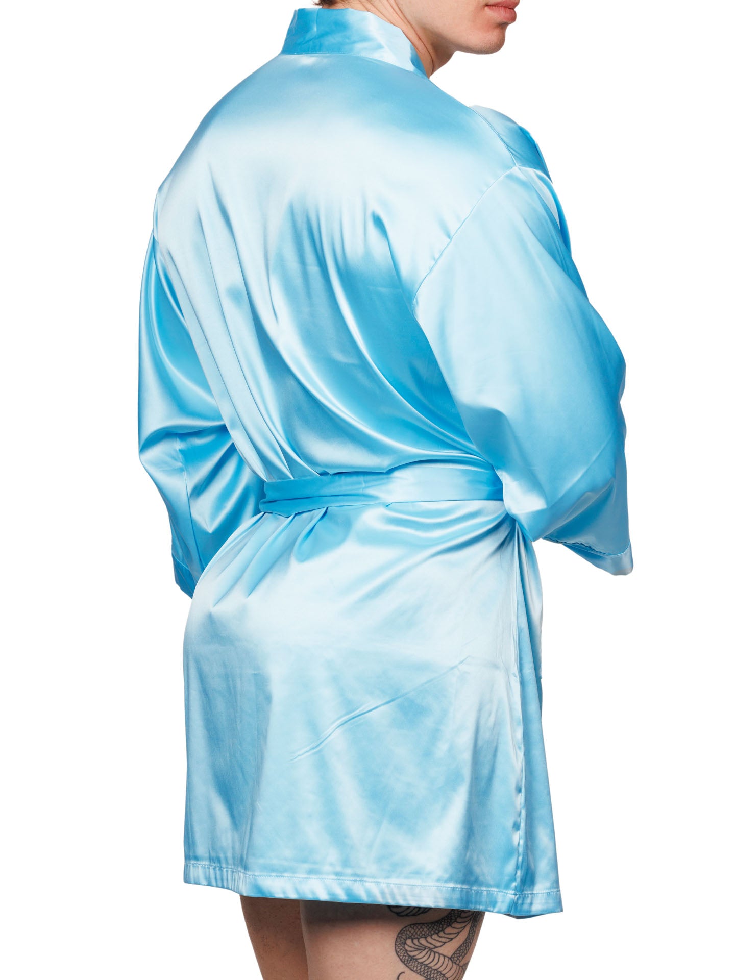 Back view of a male model wearing a light blue XDress robe