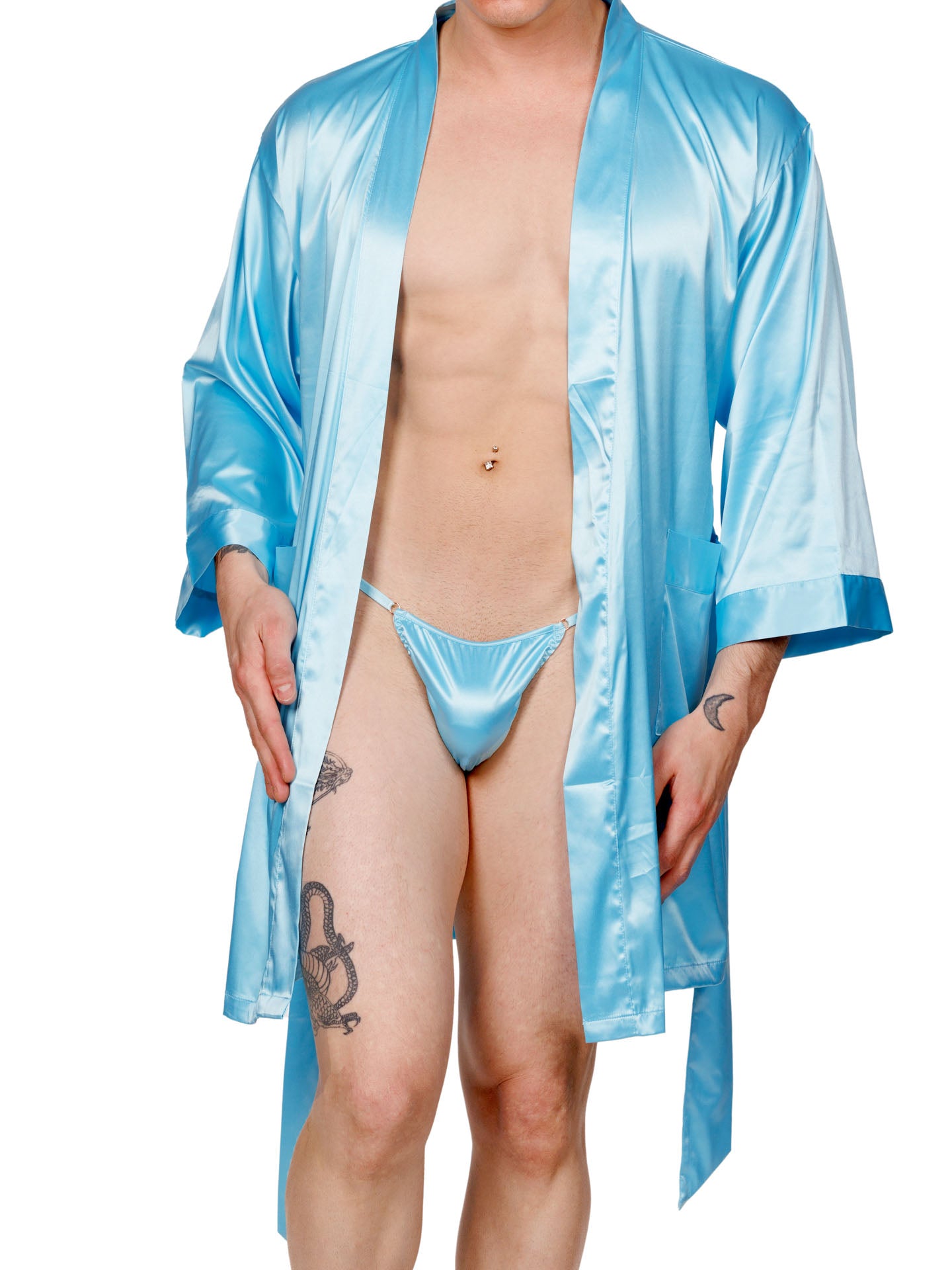 Front view of a male model wearing an open light blue XDress robe with matching panty