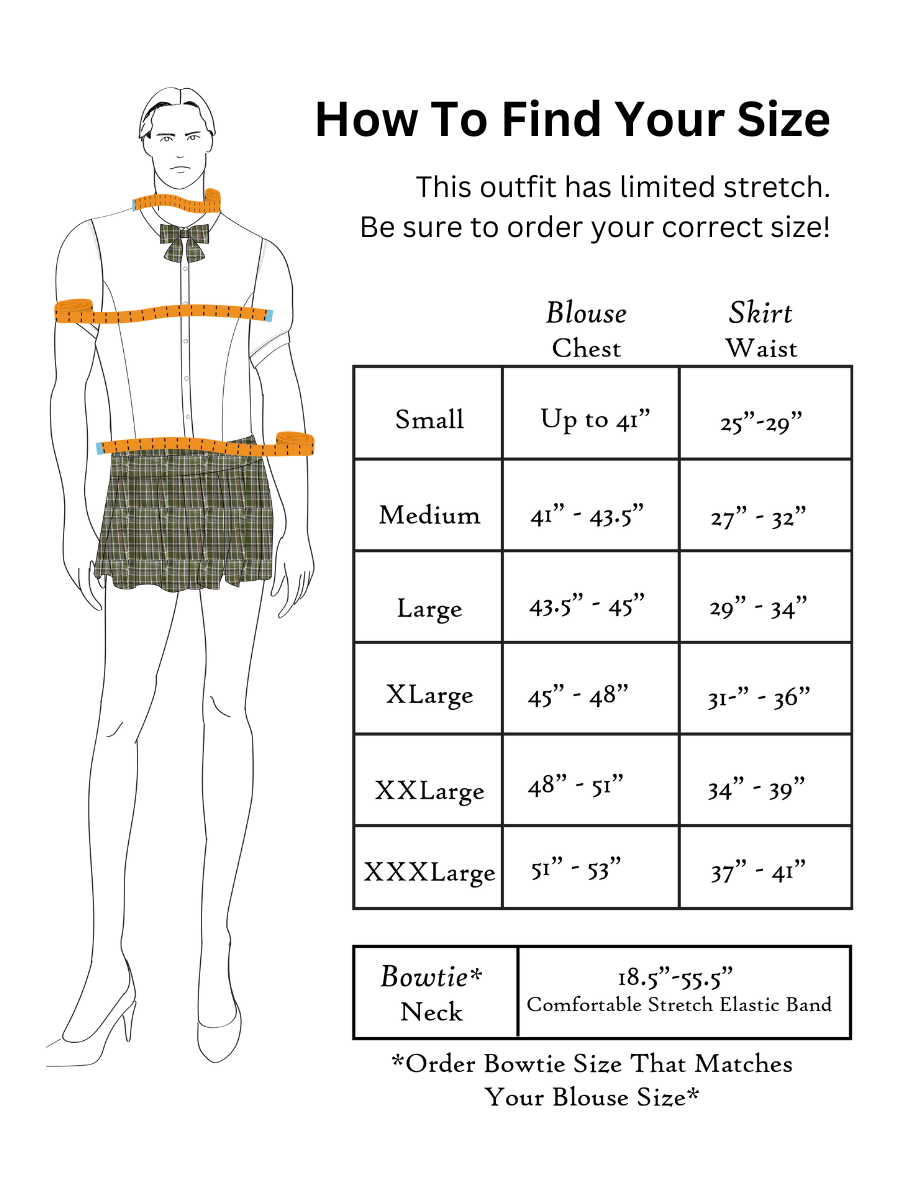 Size chart for a men's plaid skirt and blouse outfit