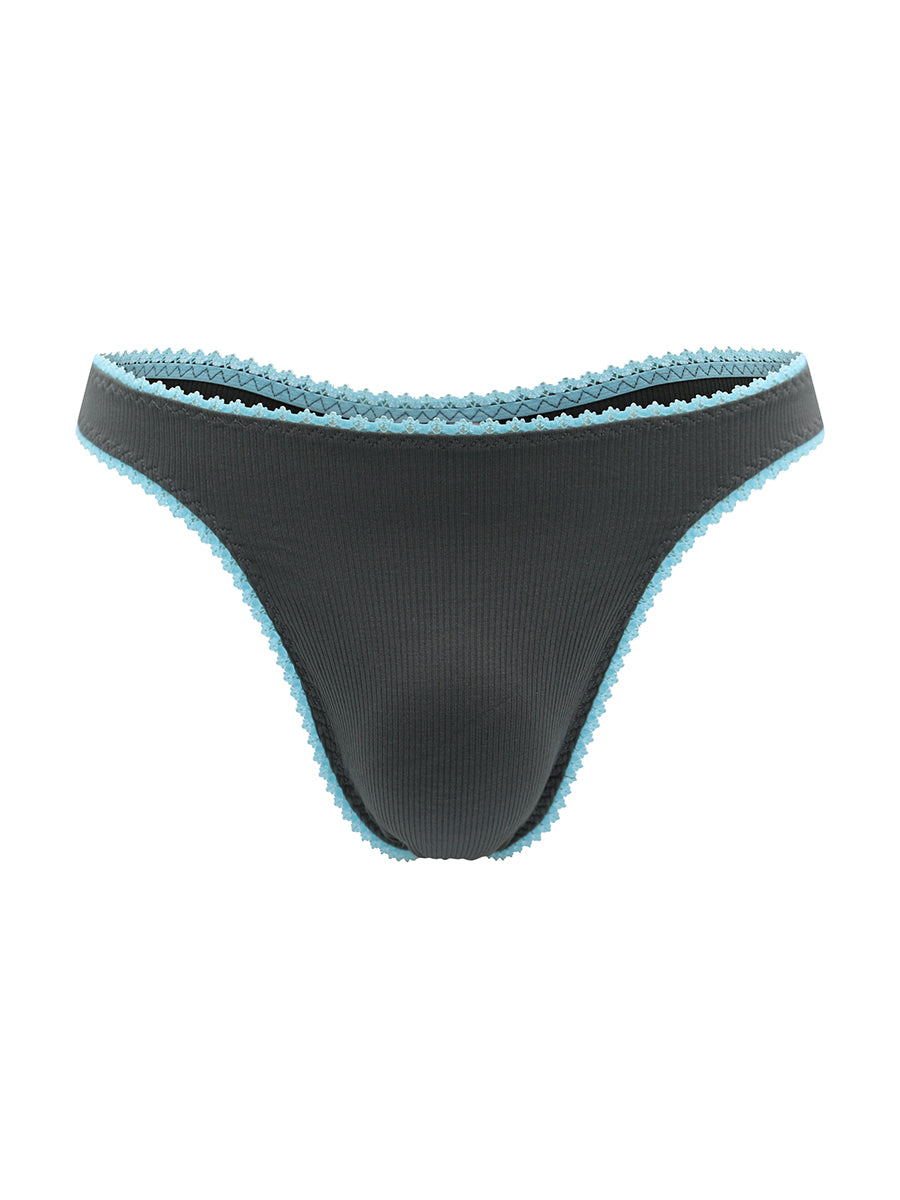 Dark grey thong panties with blue lace trim on a white background.