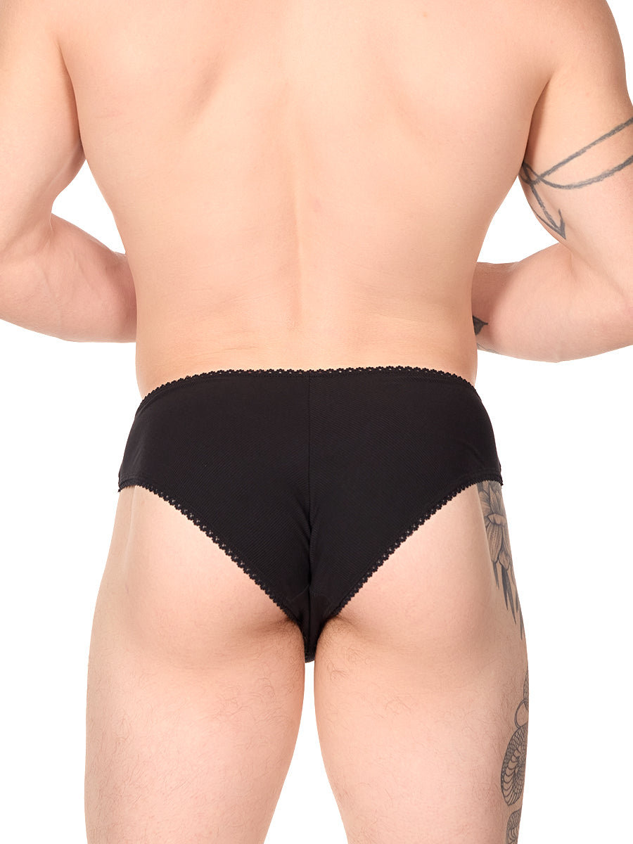 Back view of a man wearing a black XDress panty with lace trim