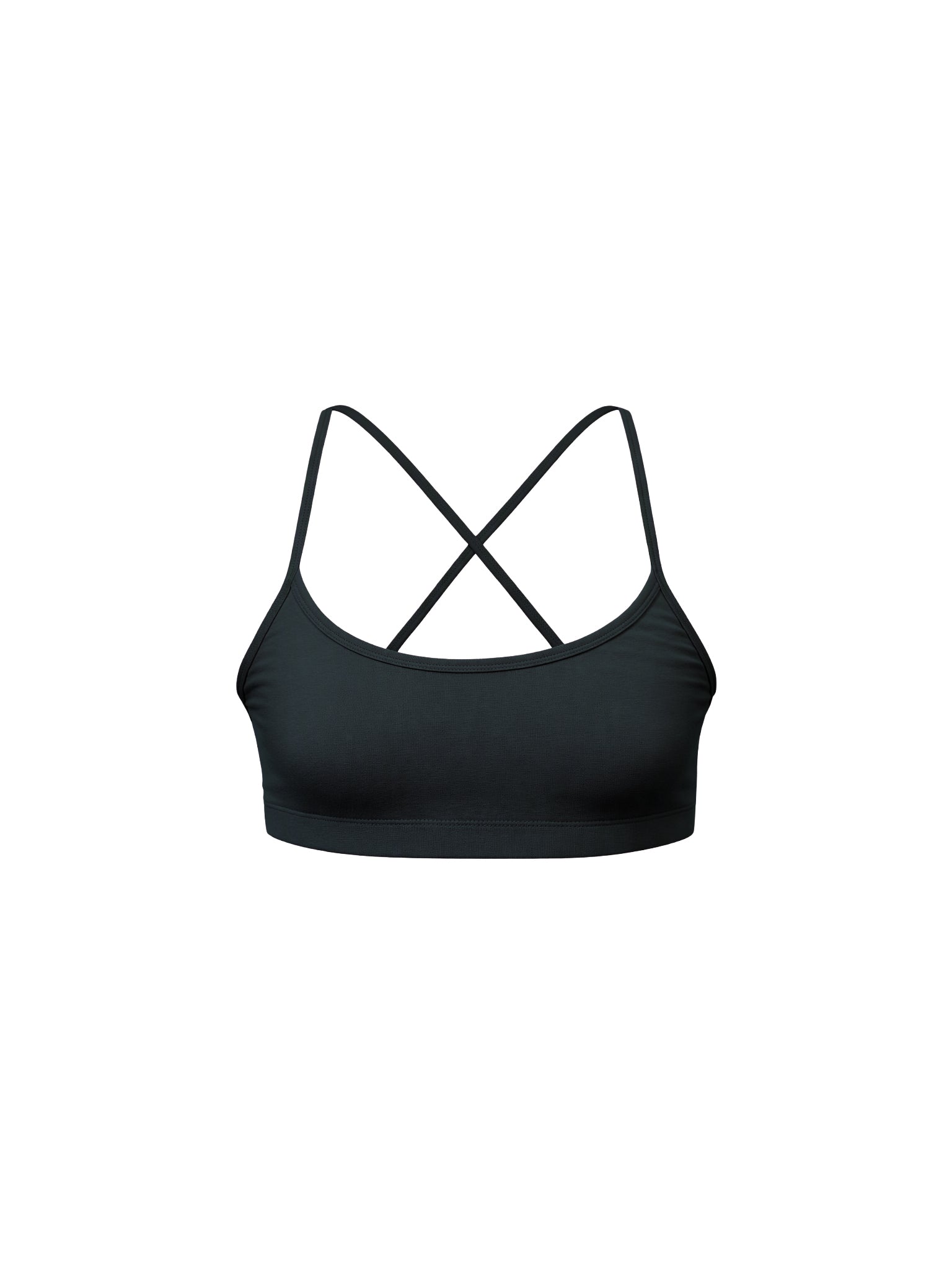 A black sports bra with thin crisscrossing straps at the back, shown against a plain white background.