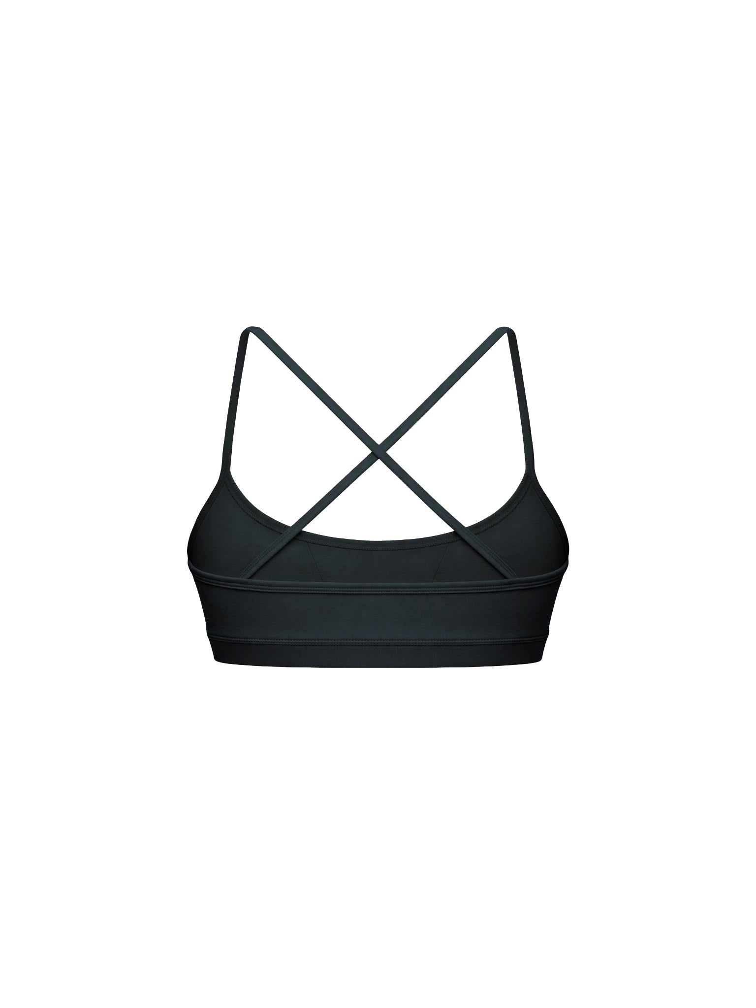 Black sports bra with thin crisscrossing back straps, shown from the back on a solid white background.