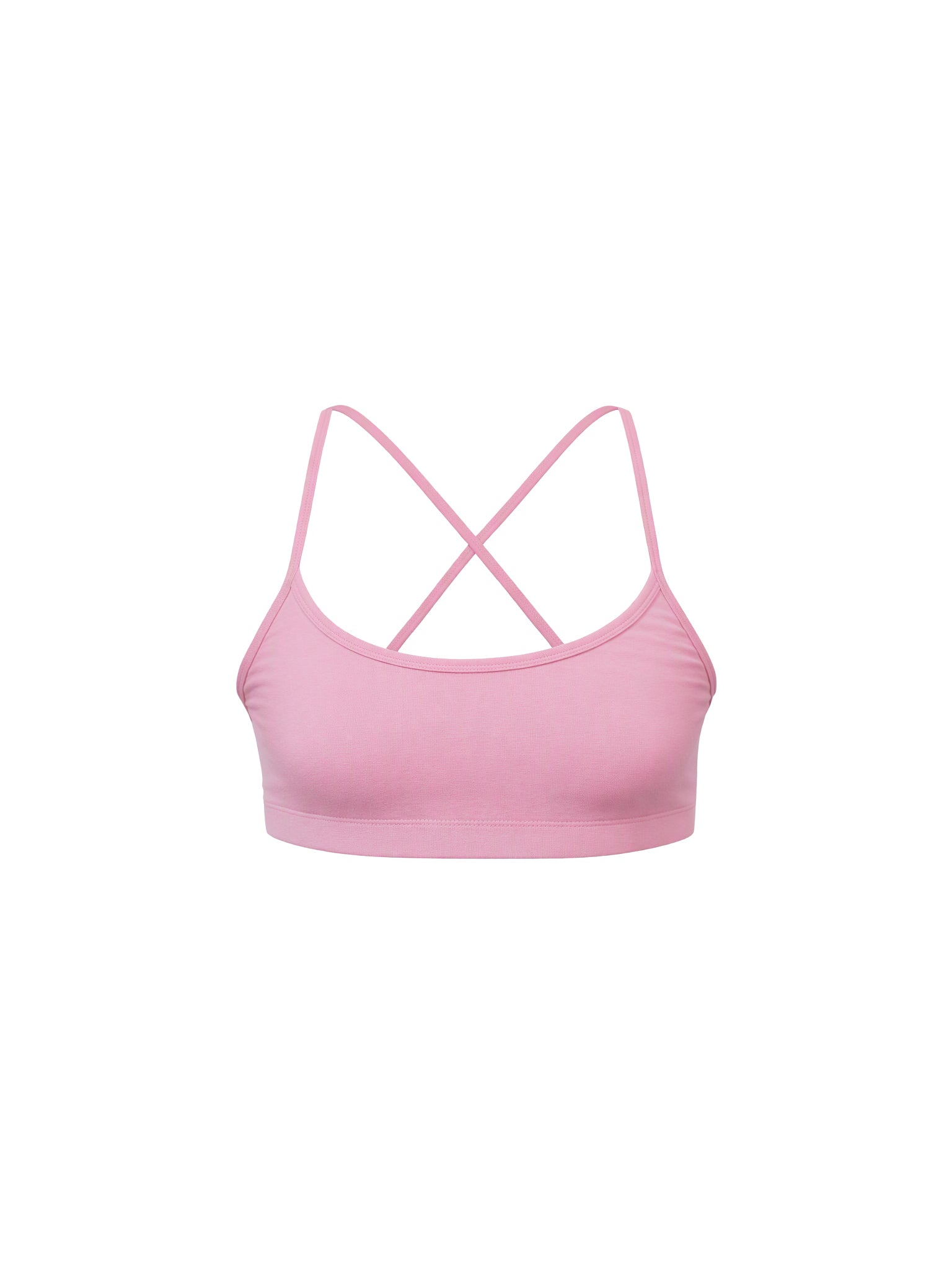 A light pink sports bra with thin crisscrossing straps at the back, shown against a plain white background.