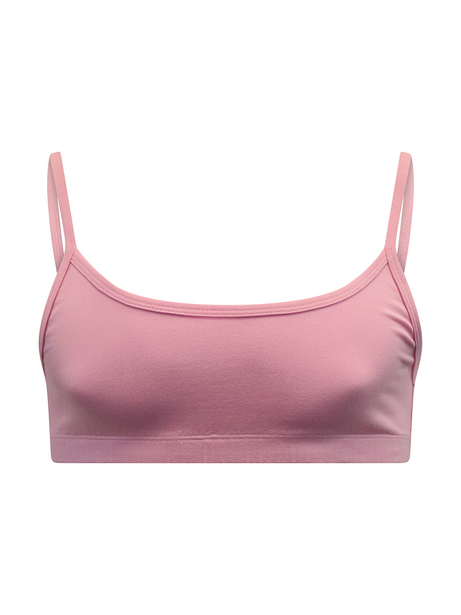 Front view of a pink sports bra, on a white background.