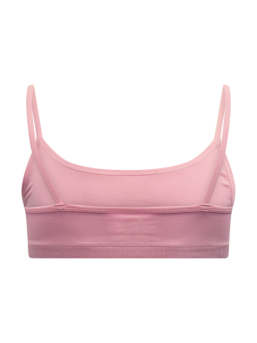 Rear view of a pink sports bra, on a white background.