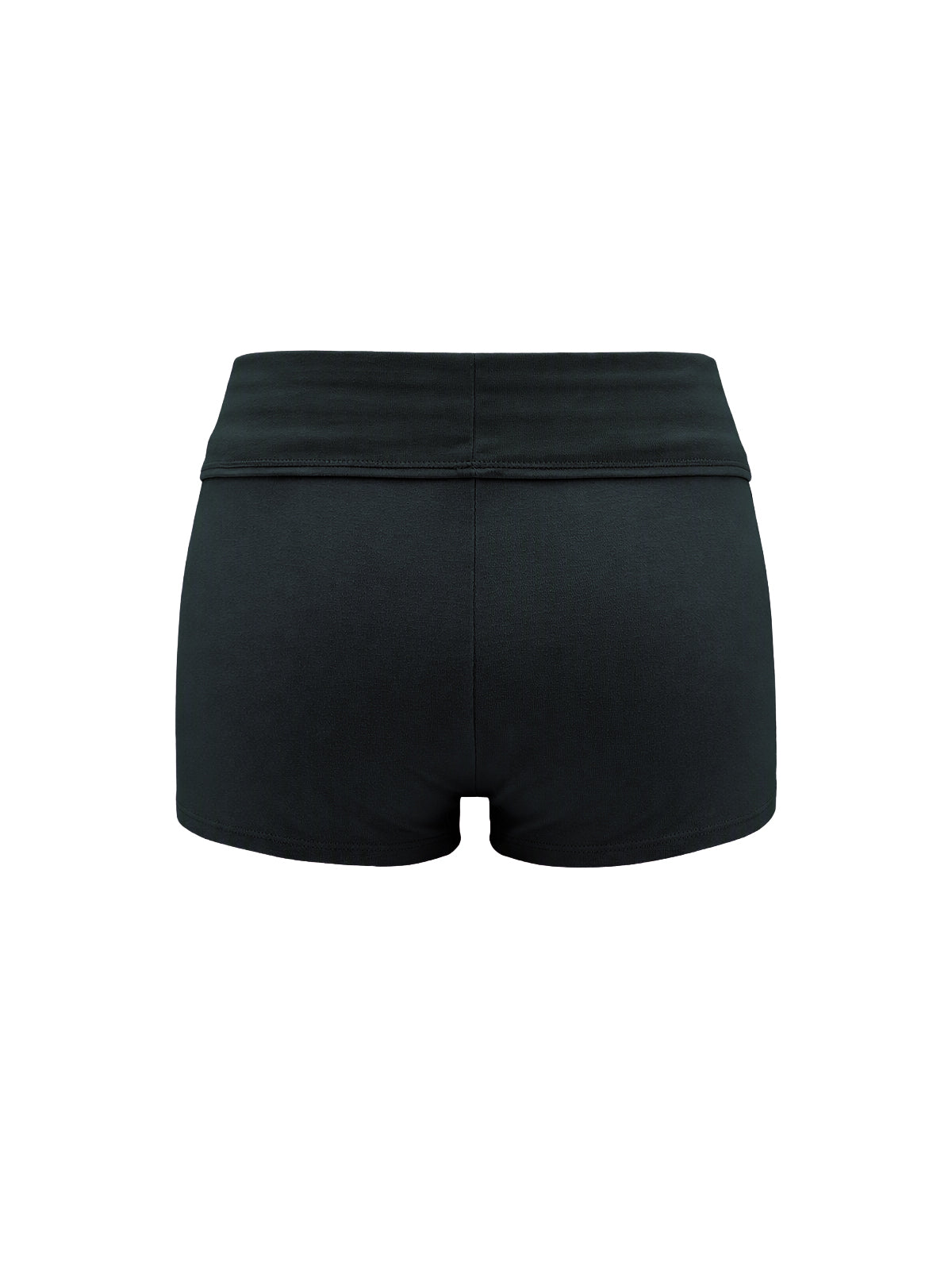 Black athletic shorts with a wide elastic waistband, shown from the back on a plain white background.