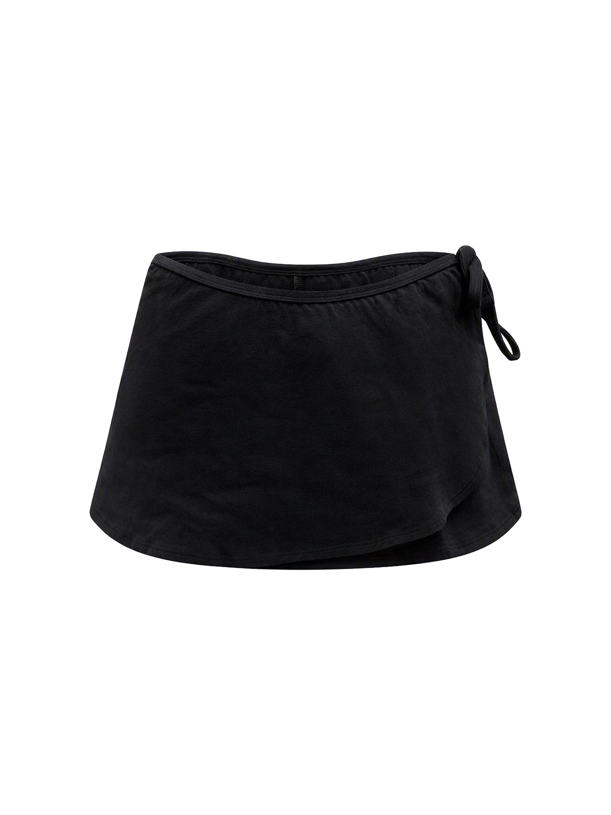 A black wrap-style mini skirt with a side tie detail, shown against a plain white background.