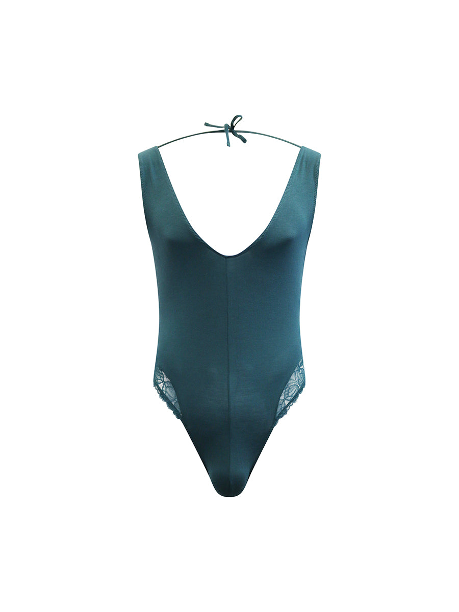 Front view of a teal men's lingerie on a white background.