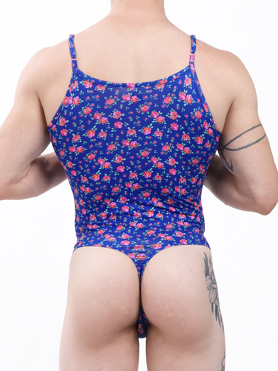 men's navy blue floral print thong bodysuit - XDress