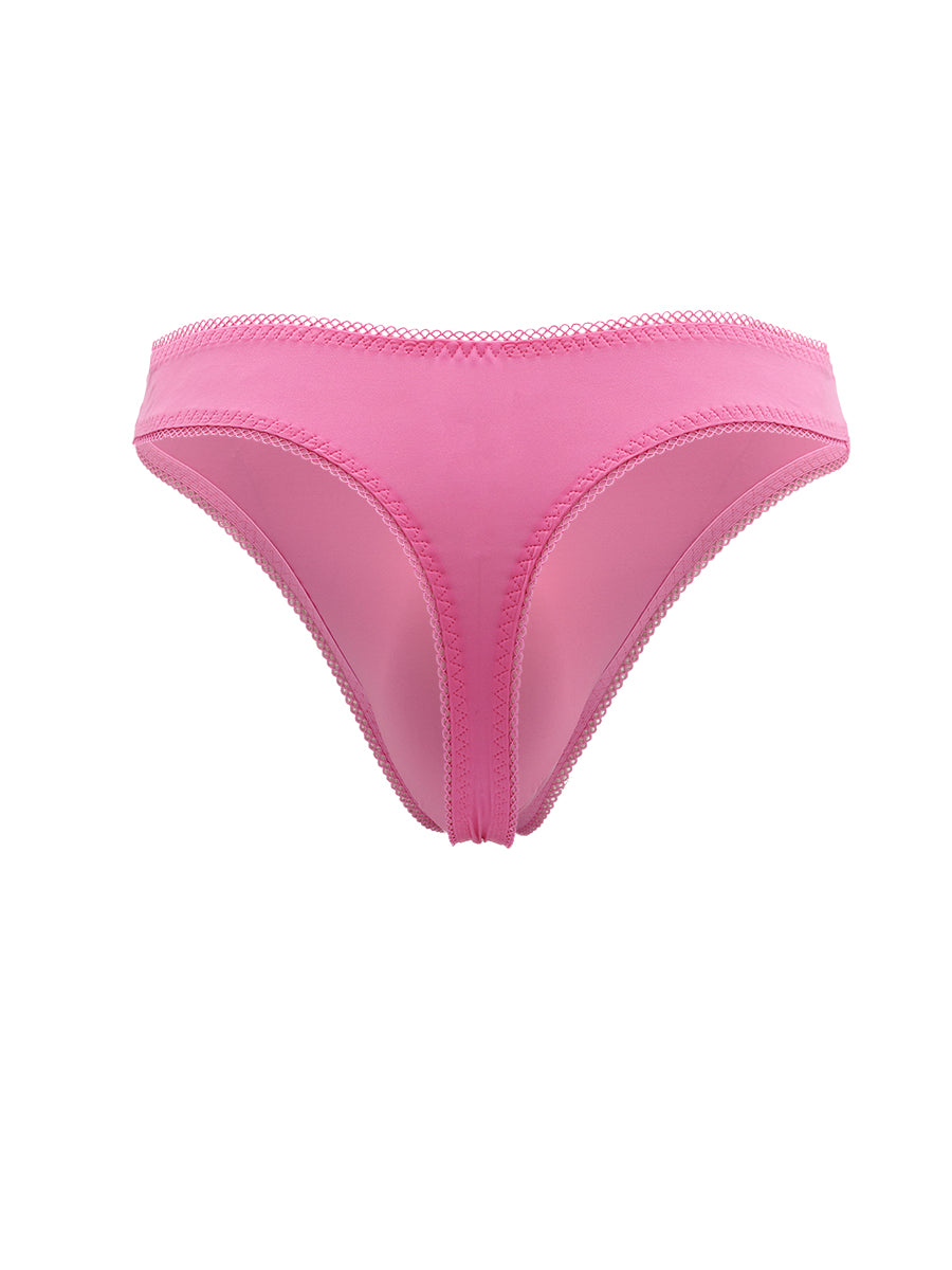 Pink thong panties for men with lace trim, on a white background.