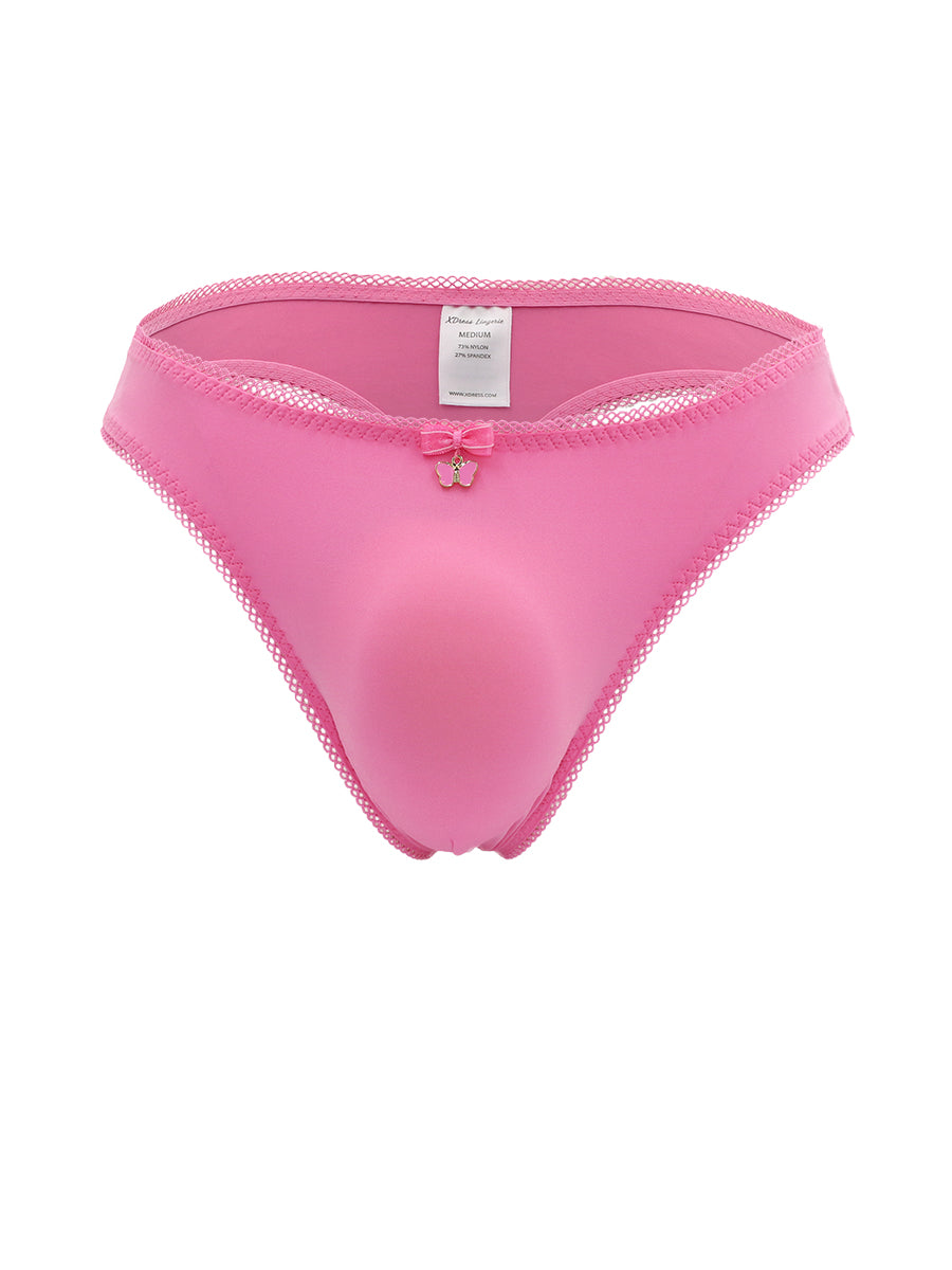 Pink thong panties for men with lace trim, on a white background.