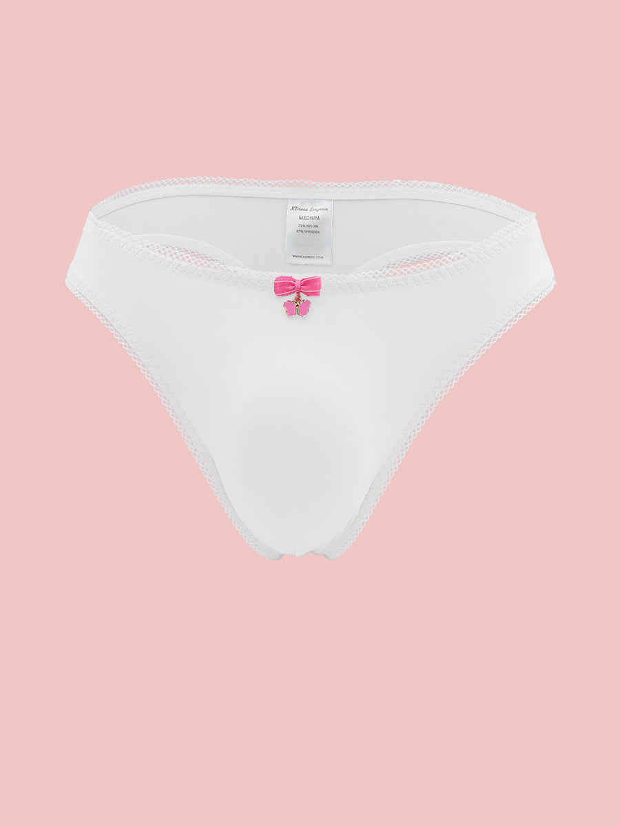 White thong panties for men with lace trim, on a pink background.