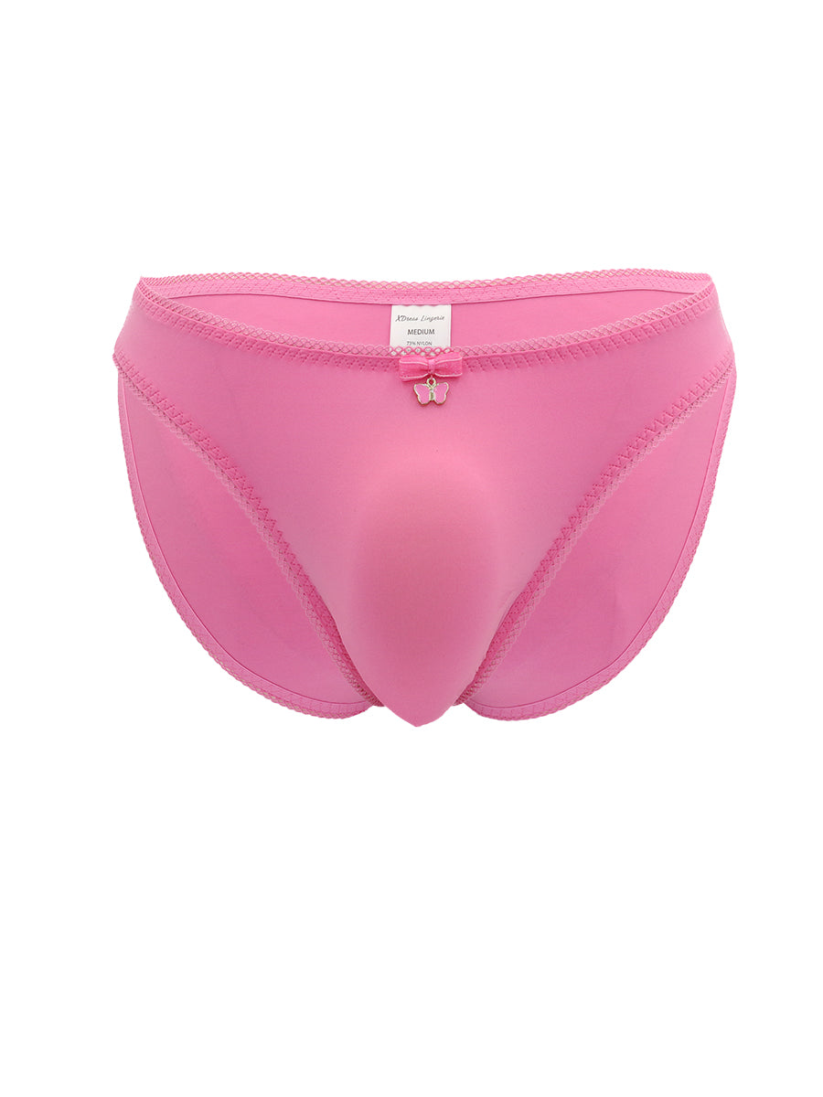 Pink XDress men's panties with matching bow on a white background.