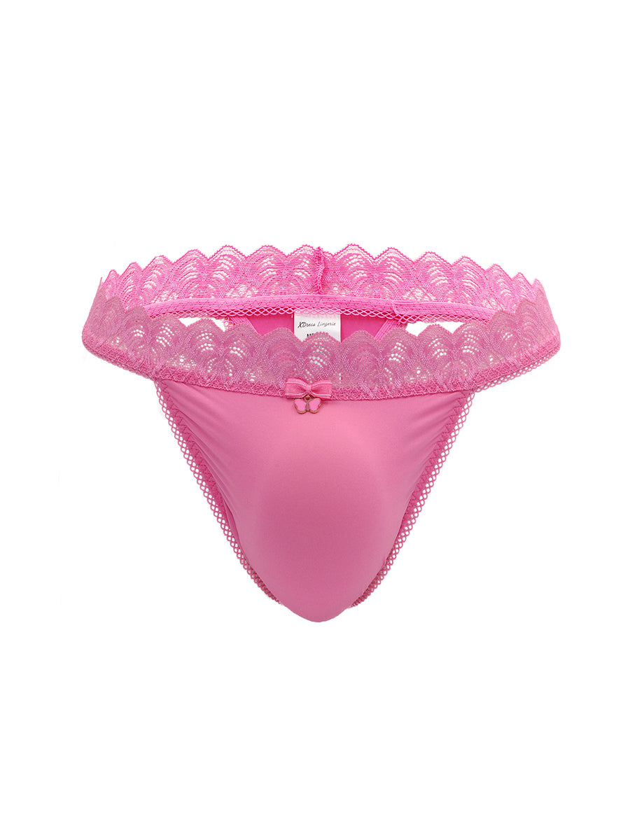 Pink lace trimmed thong panty on a white background.
