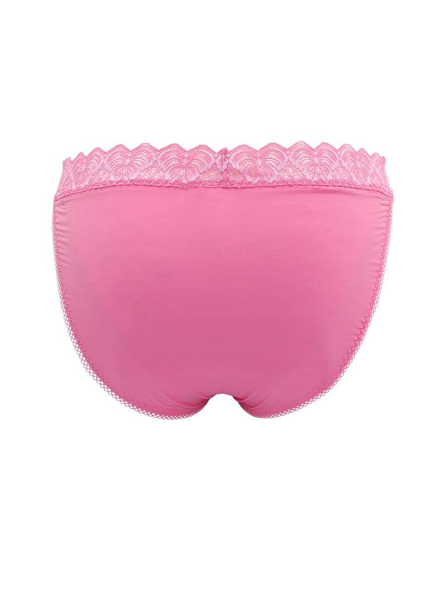 Pink men's panties with lace trim on a white background.
