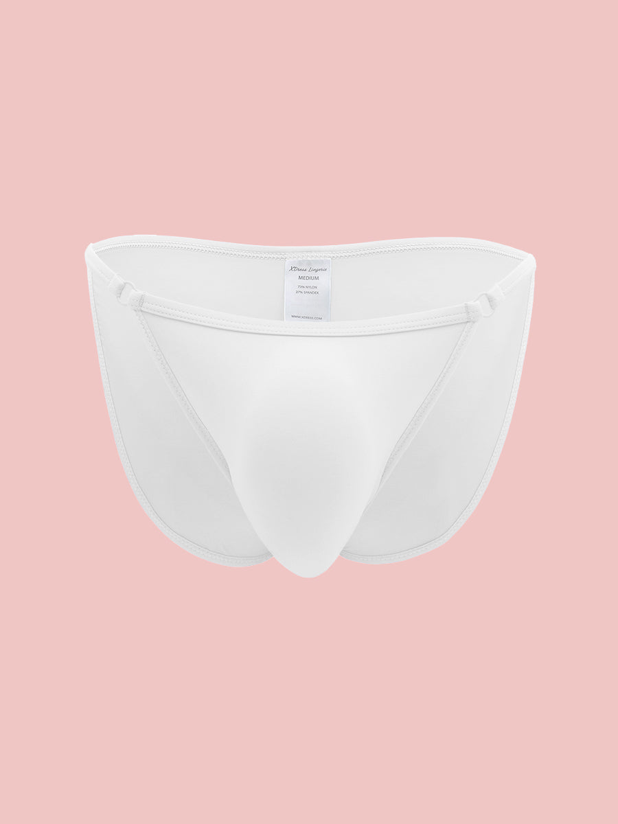 White XDress men's panties on a pink background.