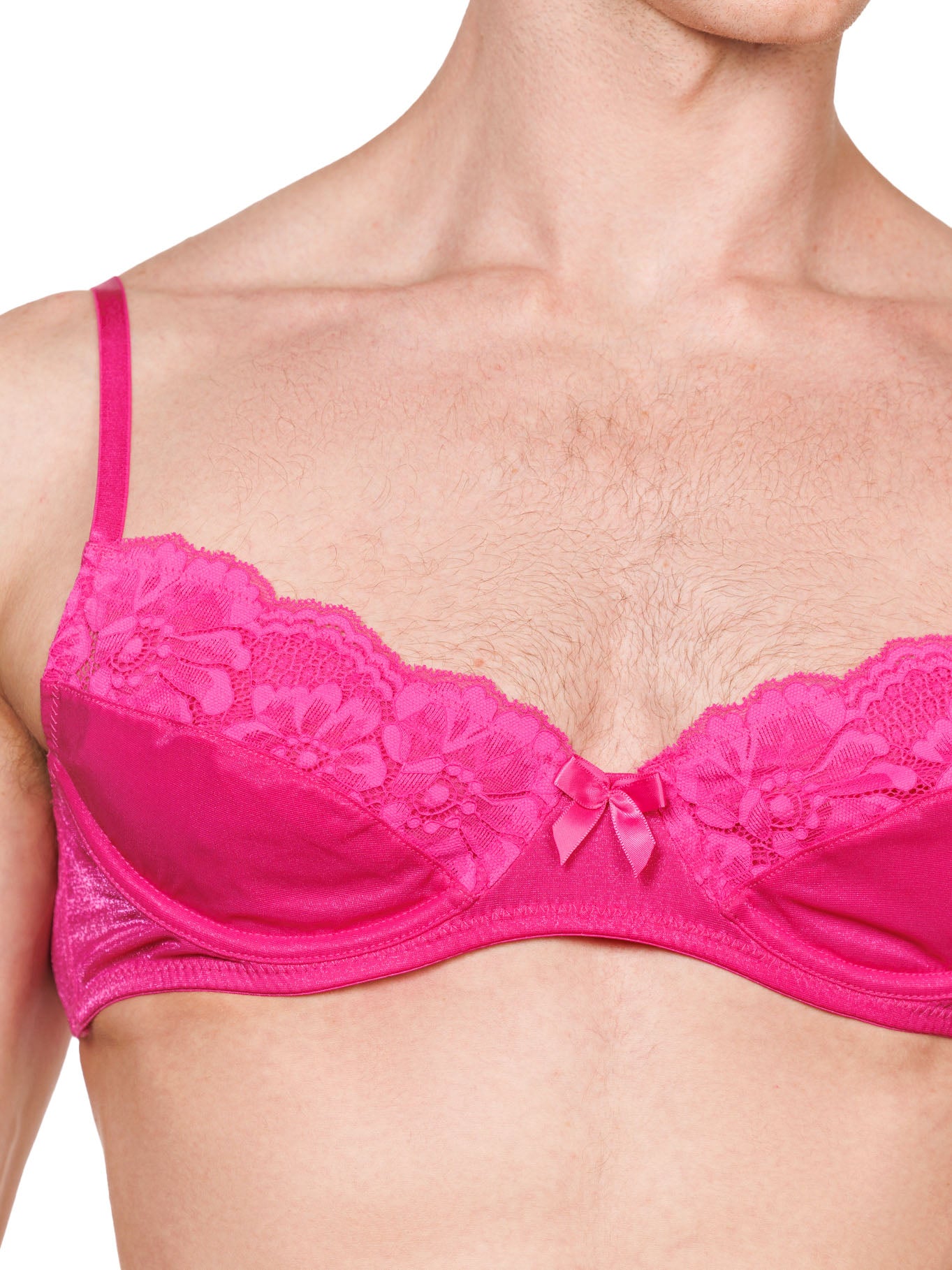 Closeup view of a male model wearing an XDress pink bra 