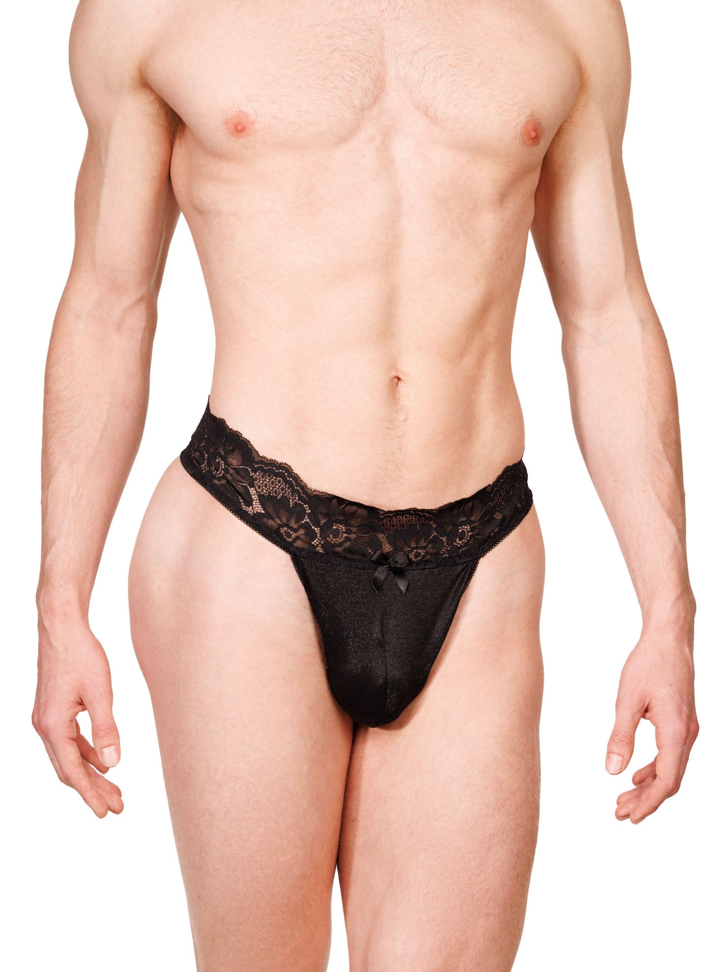 Front view of a male model wearing an XDress black lace thong