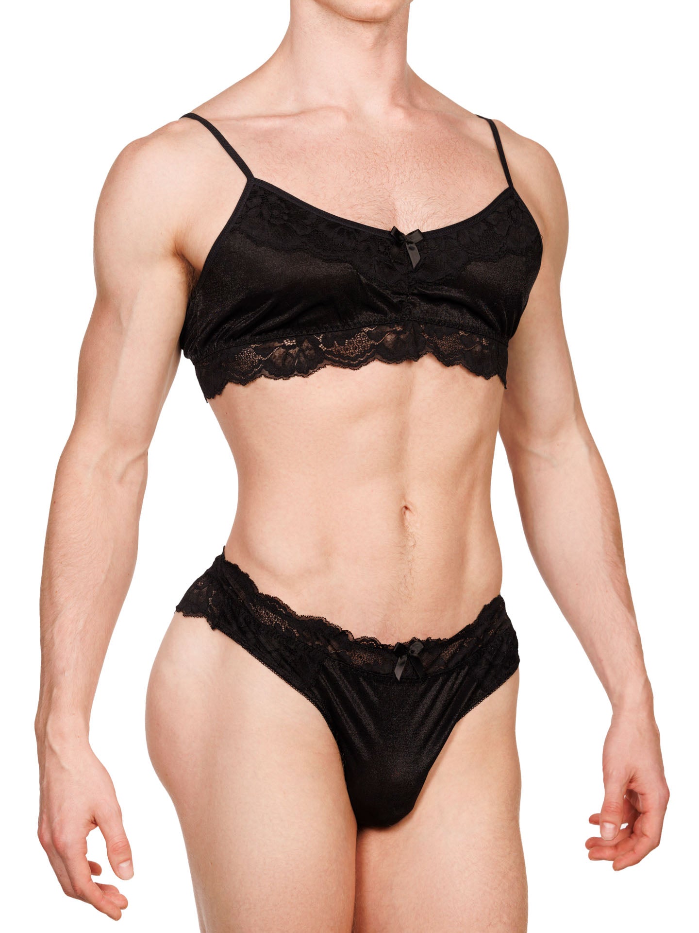 Front view of a male model wearing a matching Black XDress bra & panty set