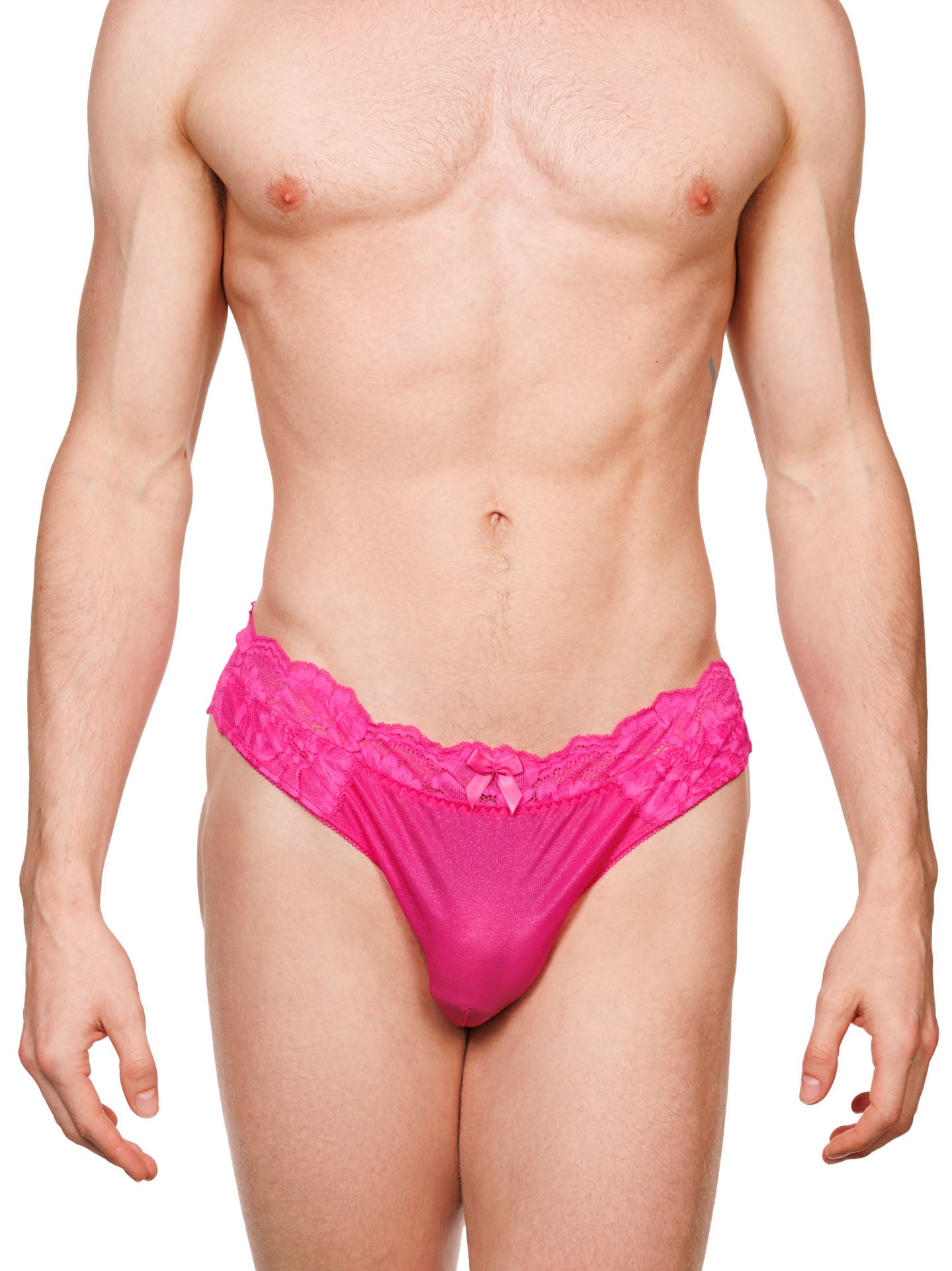 Front view of a male model wearing bright pink XDress panties