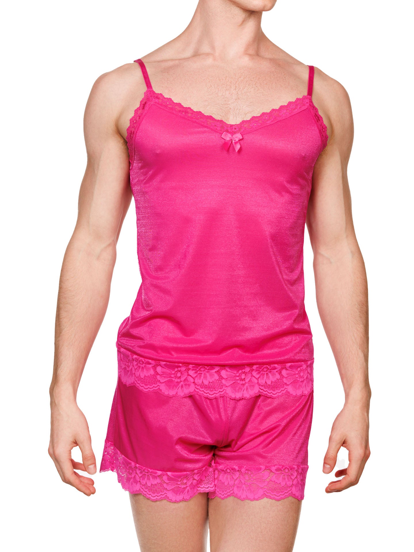 Front view of a male model wearing a matching pink XDress camisole and short set