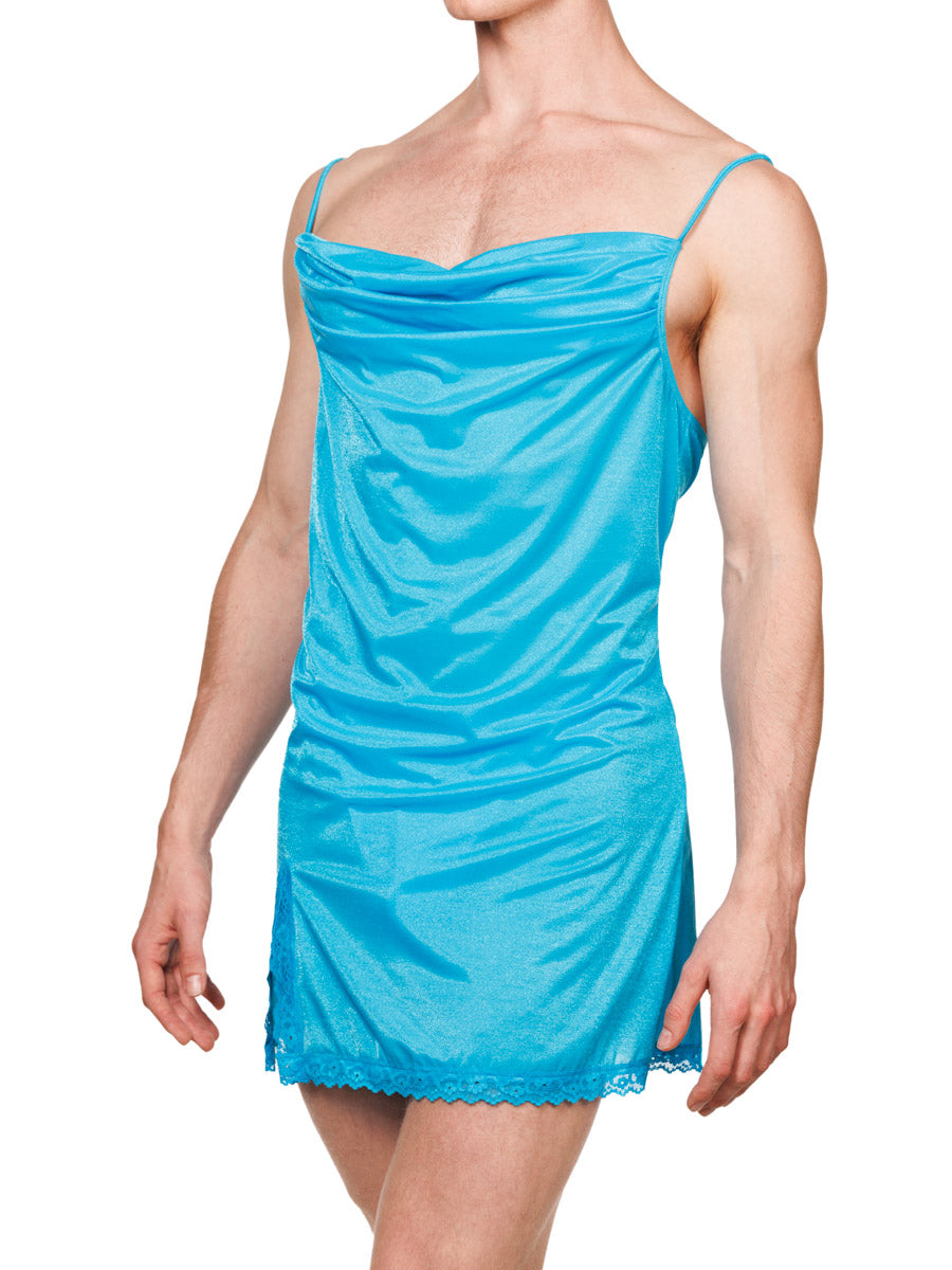 Side view of a male model wearing a turquoise XDress nightie with lace trim