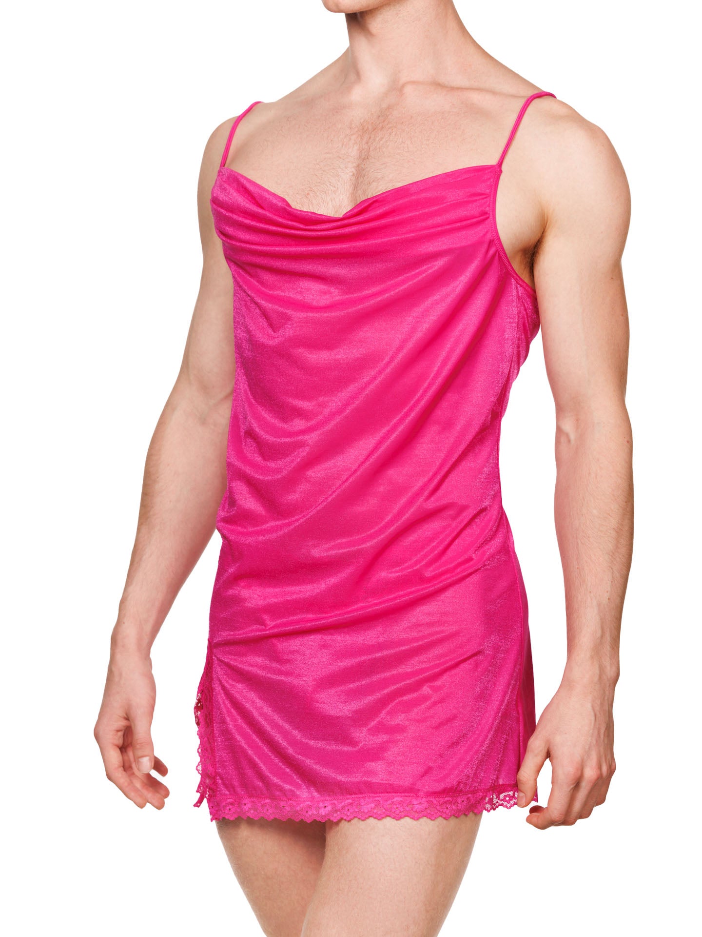 Side view of a male model wearing a pink XDress nightie