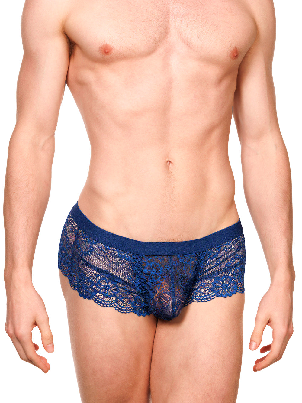 Front view of a male model wearing XDress navy blue lace boxers