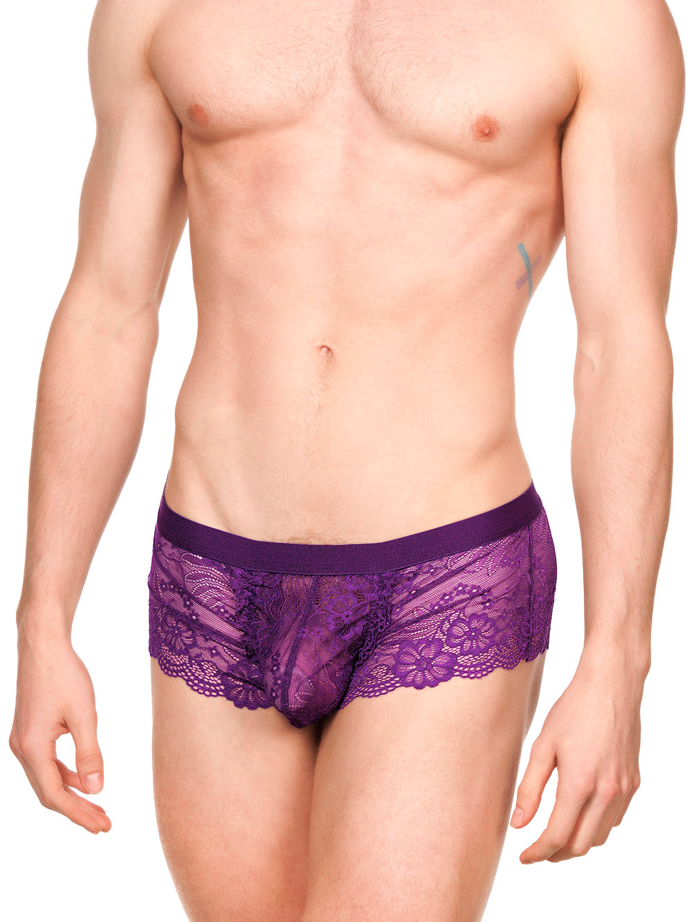 Front view of a male model wearing XDress purple lace boxers