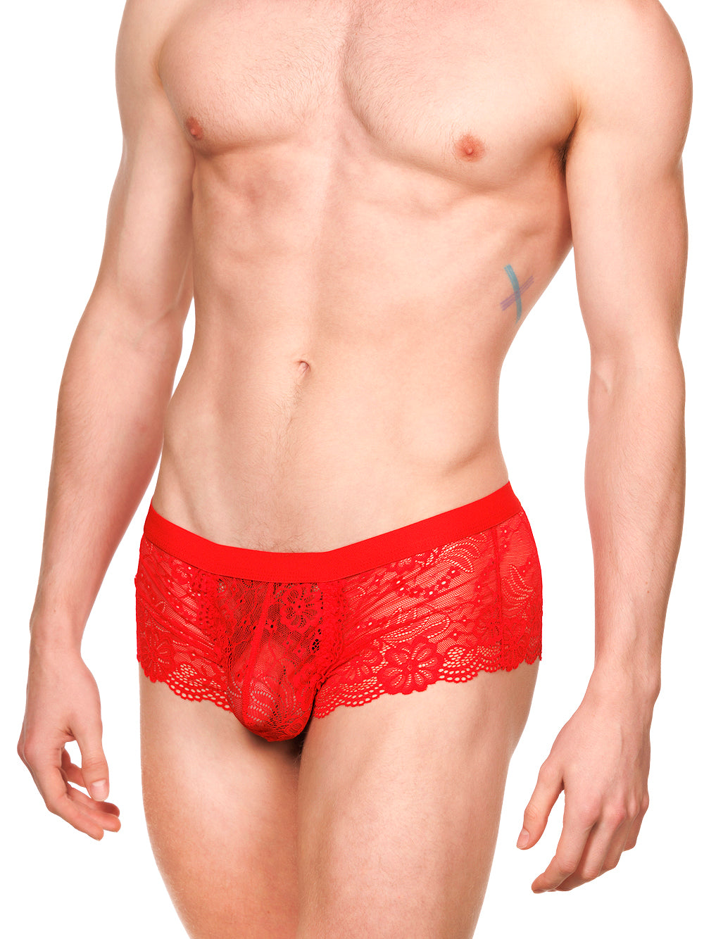 Front view of a male model wearing XDress red lace boxers