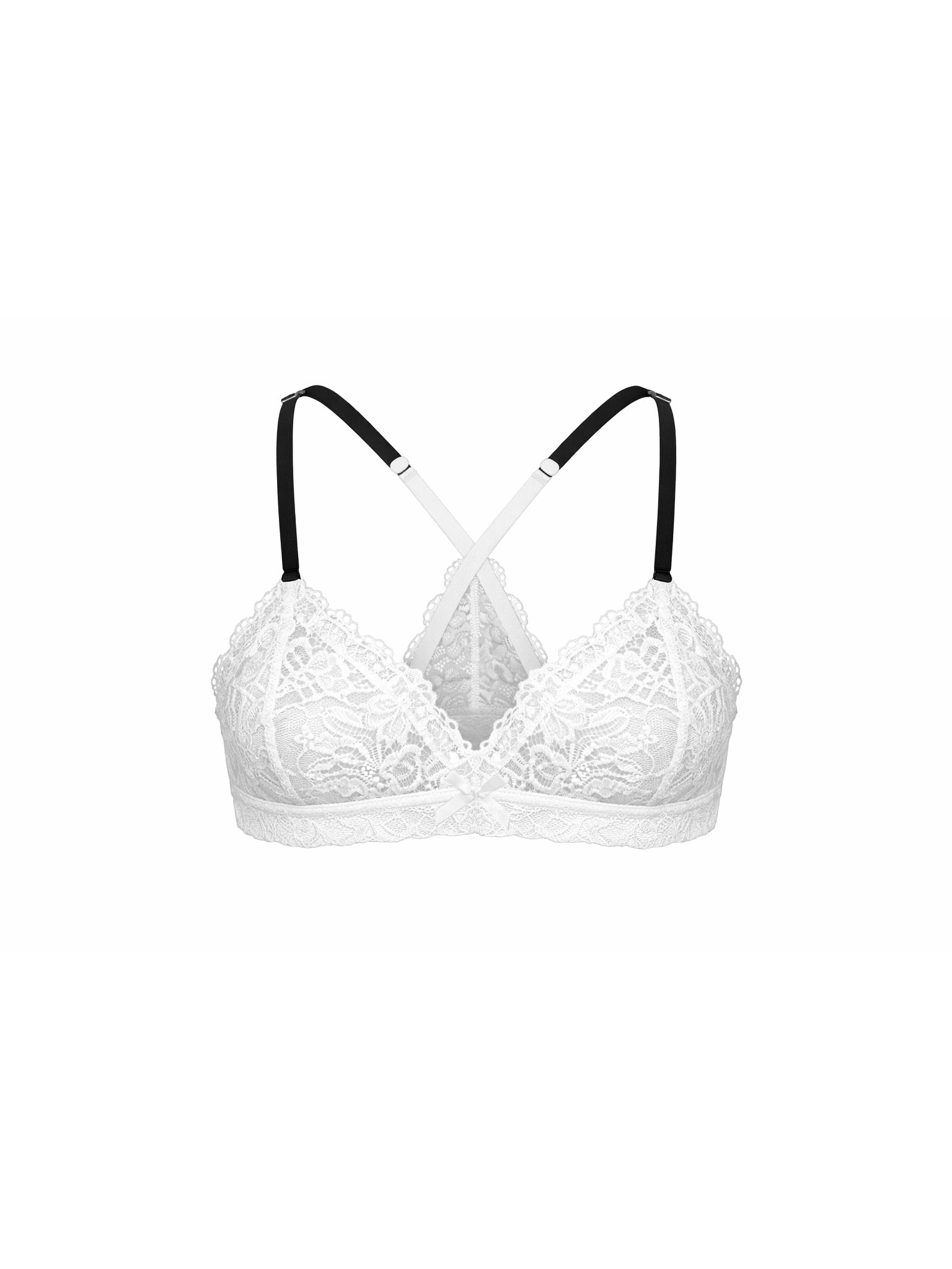 White lace bra with black adjustable shoulder straps, shown against a plain white background.
