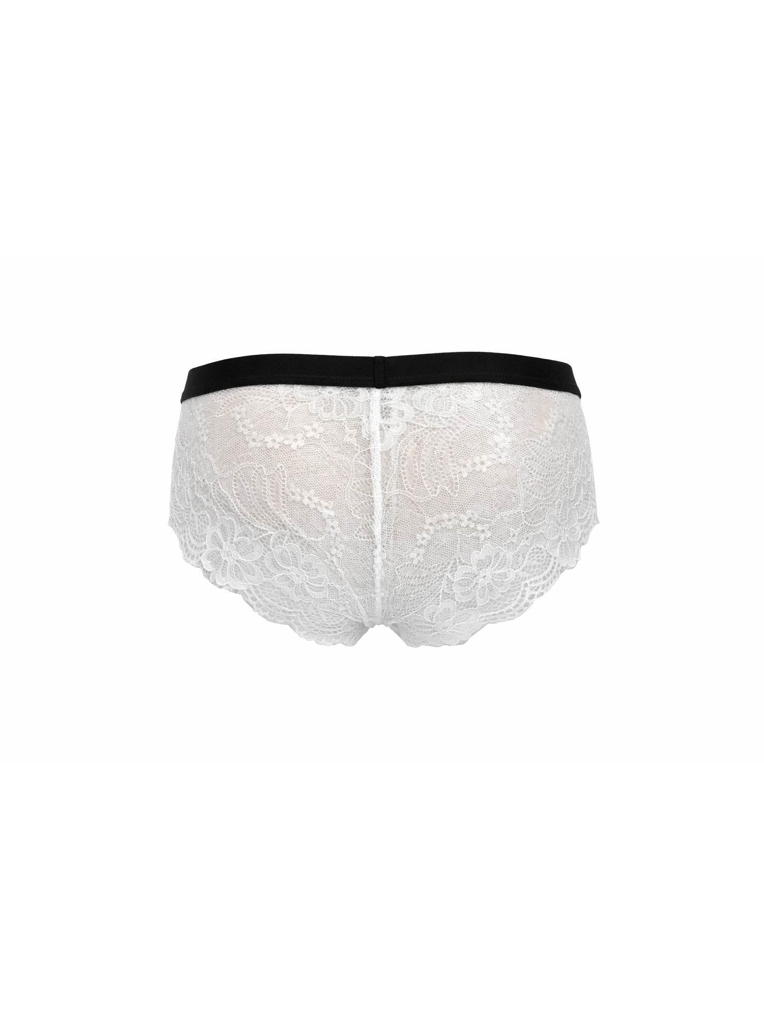 White lace underwear with black waistband on a white background