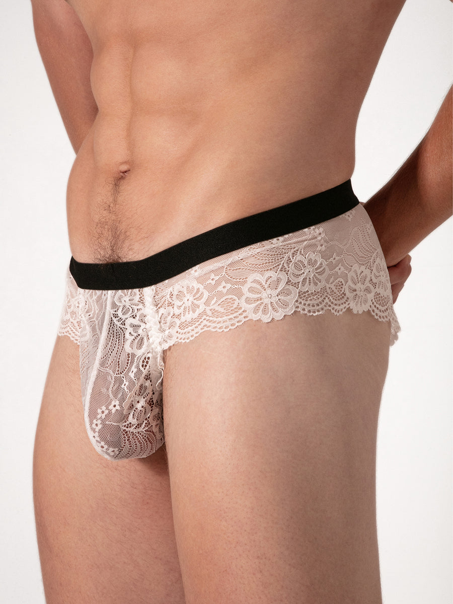 White lace men's underwear with black waistband on a white background