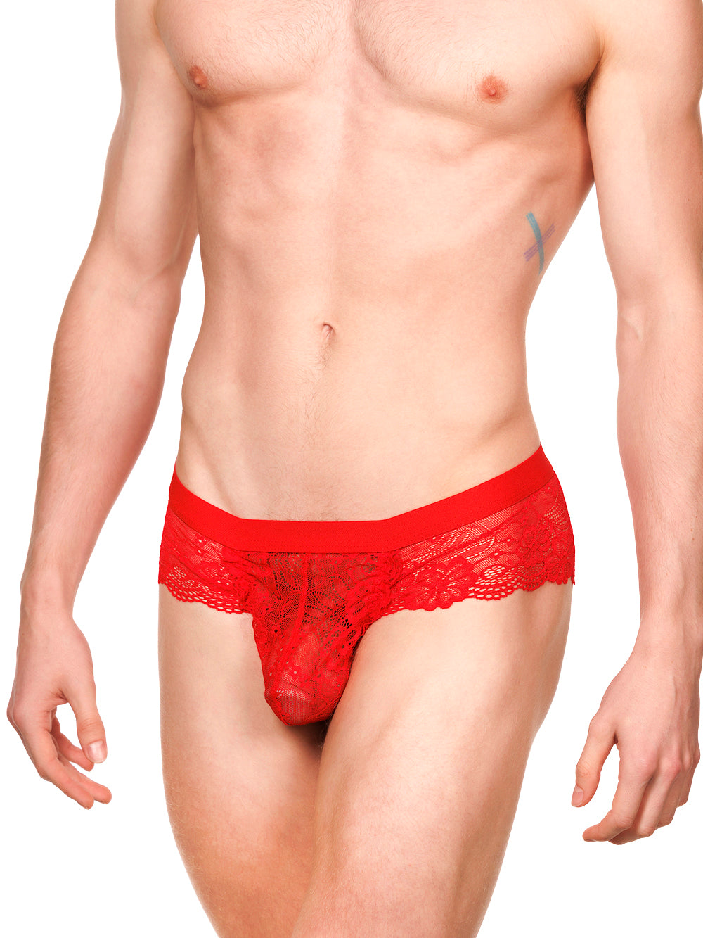 Front view of a male model wearing XDress red lace panties