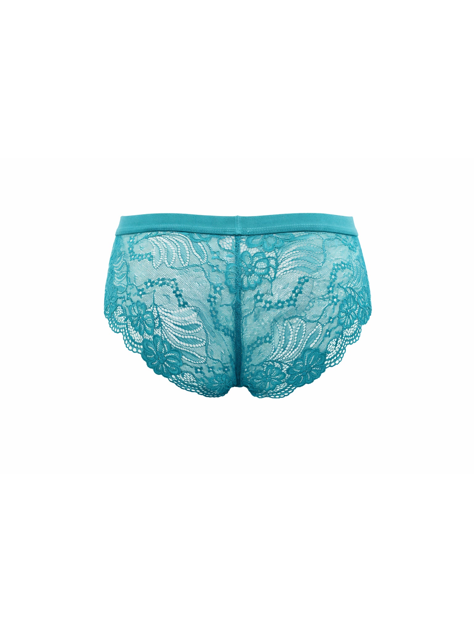 Teal lace underwear on a white background