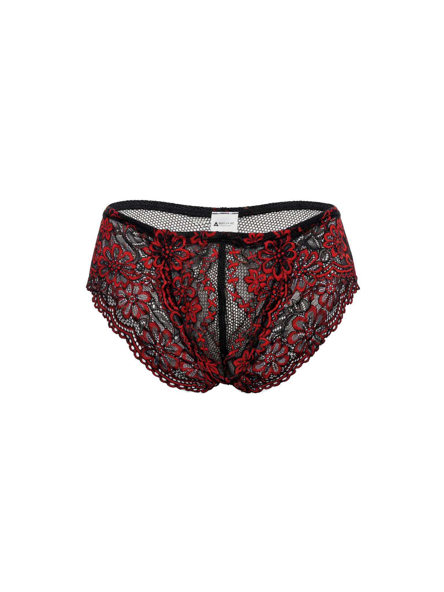 Black and red lace underwear on a white background