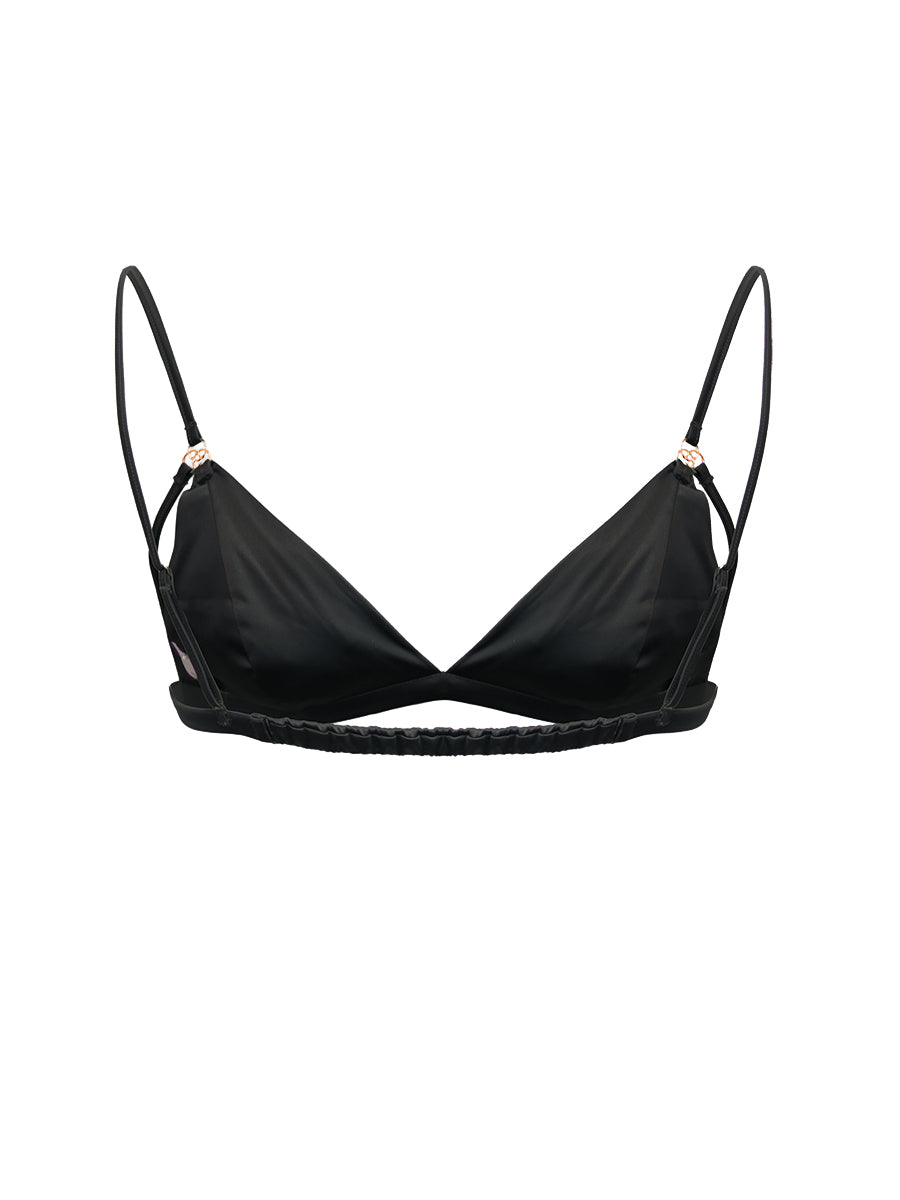 Black men's bra with thin straps on a white background.