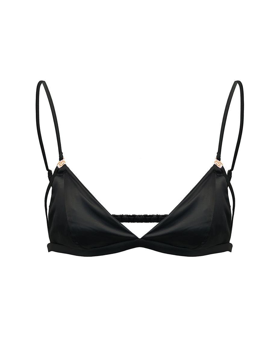 Black men's bra with thin straps on a white background.