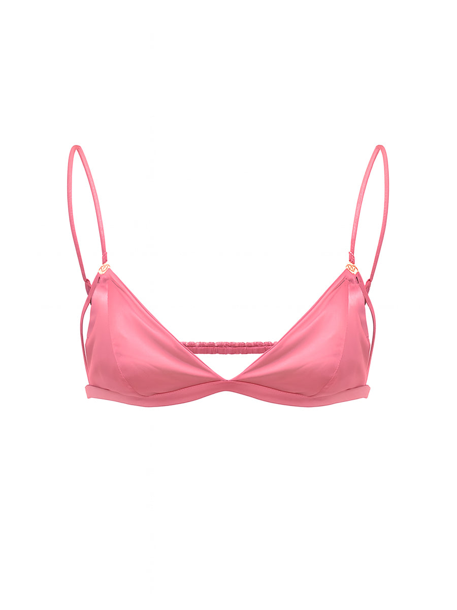 A pink satin men's bra on a white background.