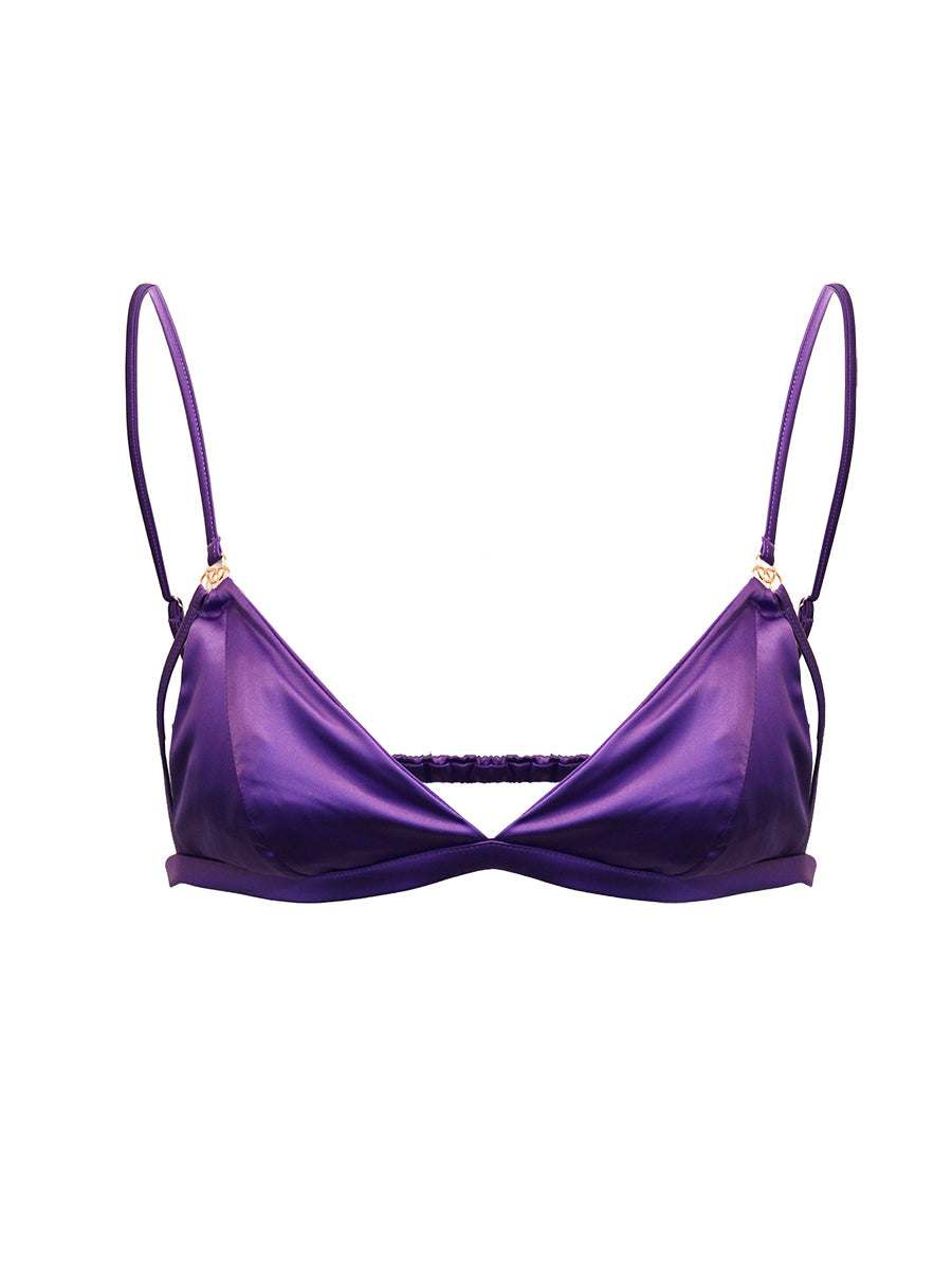 Purple satin men's bra on a white background.