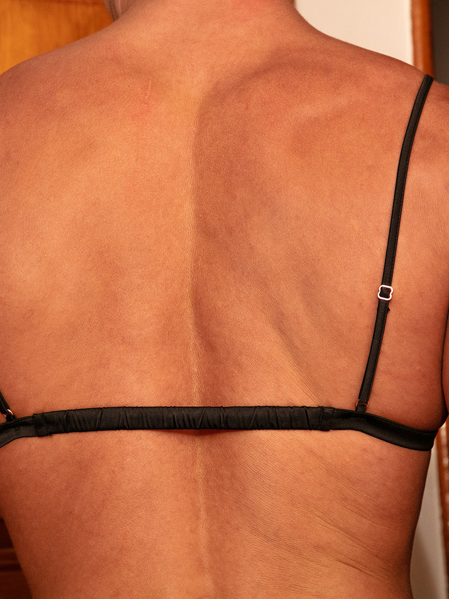 Closeup rear view of a man wearing a black satin bra with adjustable straps.