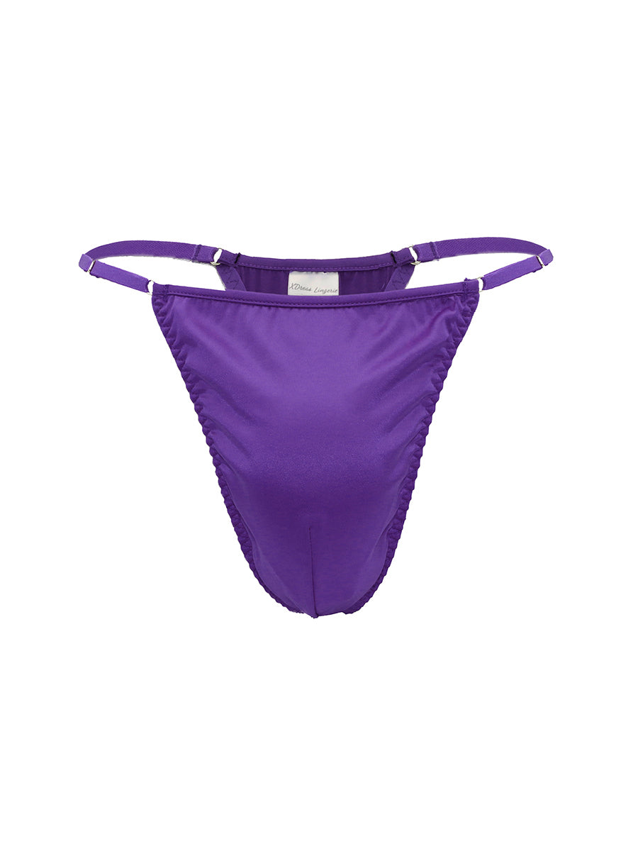 Purple satin men's thong on a white background.