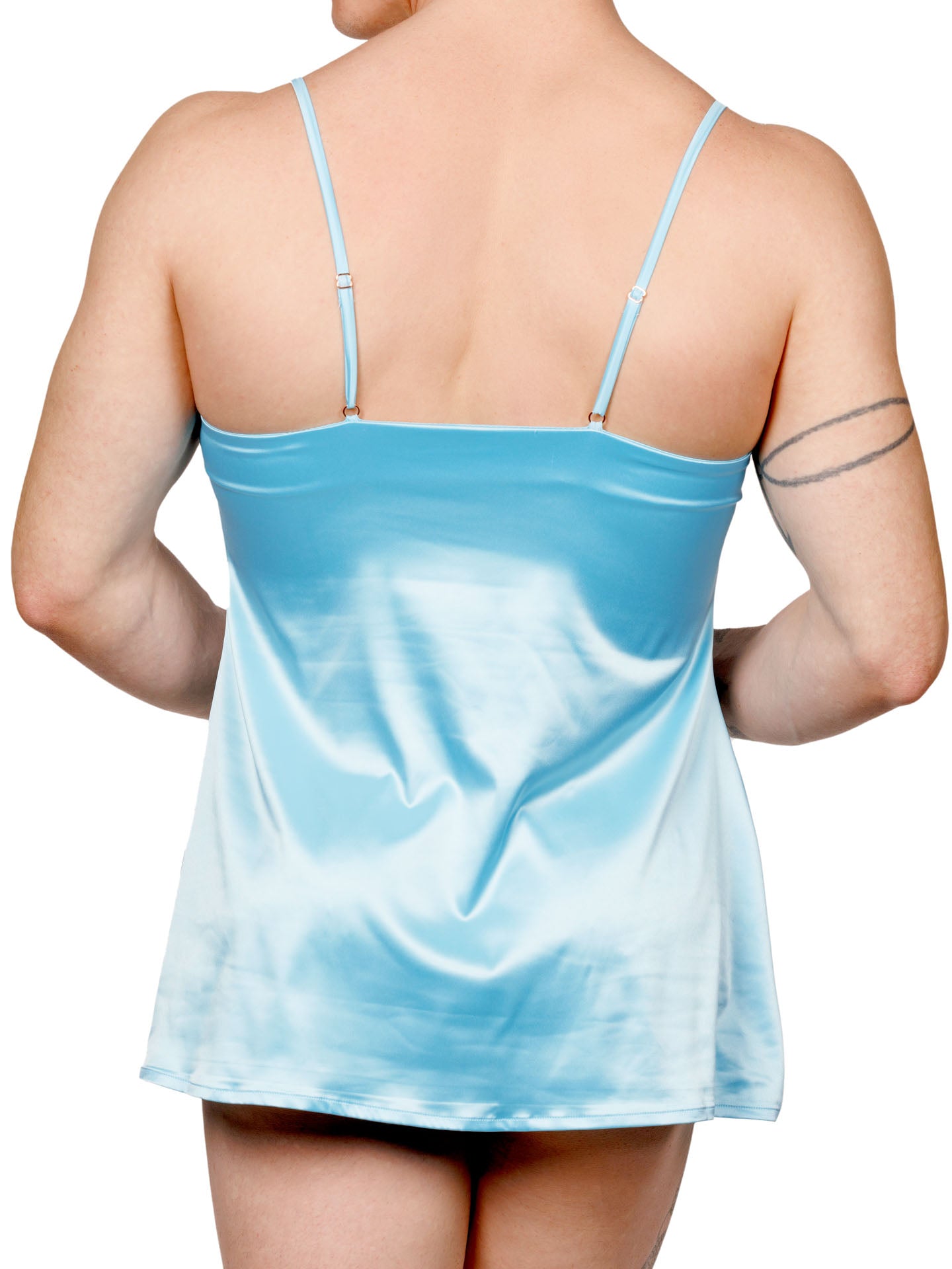 Back view of a male model wearing a light blue XDress chemise