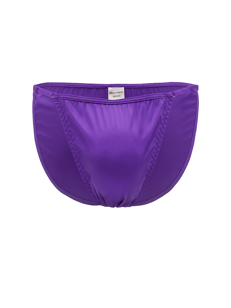 Purple satin men's bikini brief on a white background.