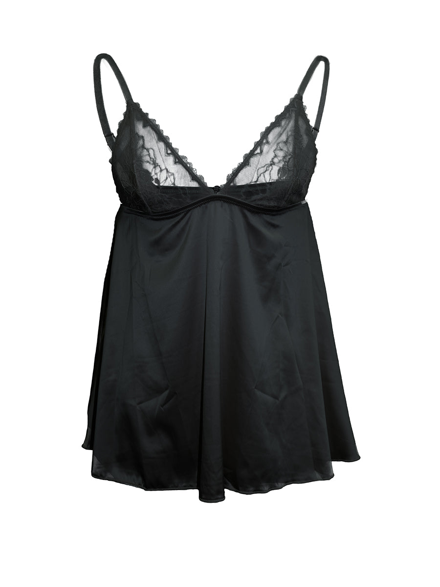 Black lace-trimmed men's camisole on a white background