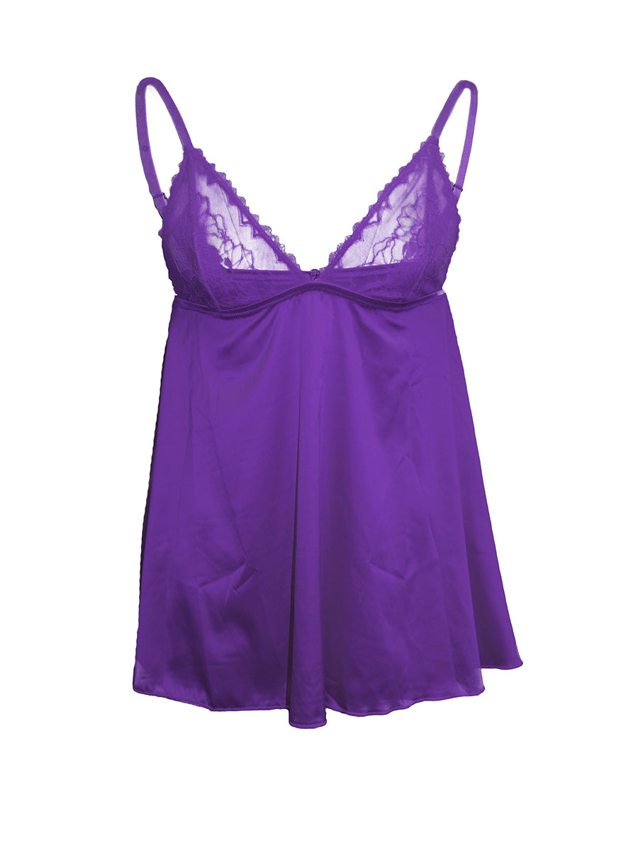 Purple satin nightgown with lace details on a white background